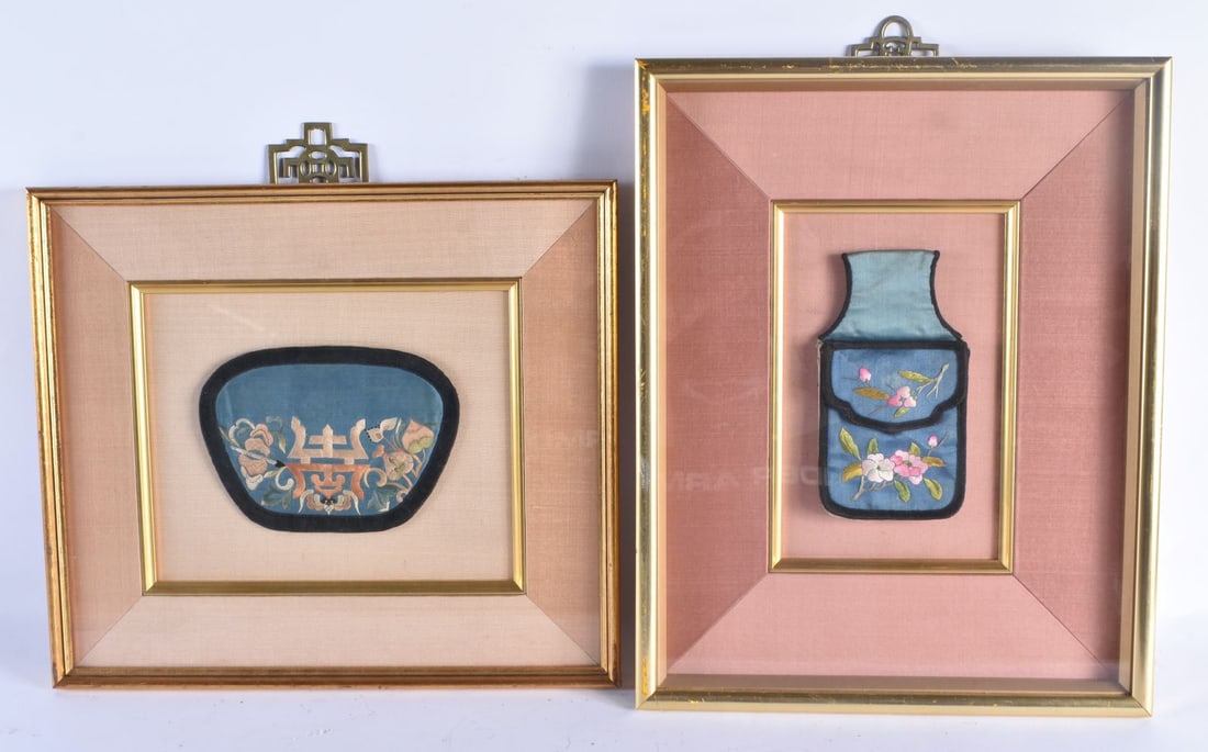 TWO CHINESE REPUBLICAN PERIOD FRAMED SILK PURSES. Largest 38 cm x 32 cm. (2) (1 of 4)