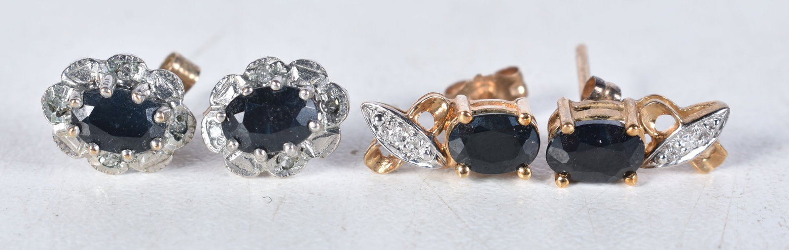 Two Pairs of 9 Carat Gold Sapphire & Diamond Earrings.  Stamped 9CT, largest 1.1 cm x 0.5cm, total w (1 of 4)