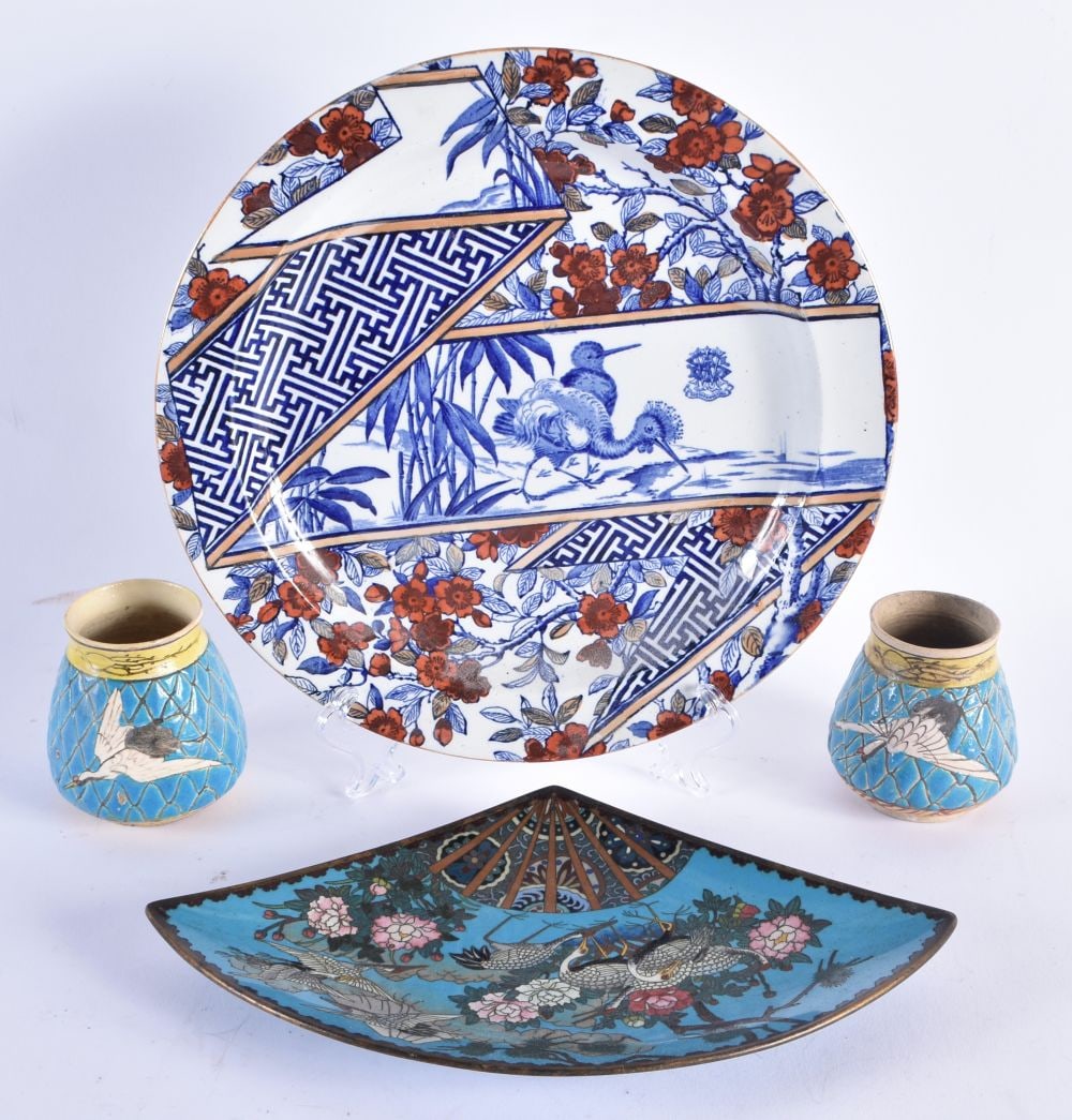 A 19TH CENTURY JAPANESE MEIJI PERIOD FAN SHAPED CLOISONNE ENAMEL DISH together with a pair of Longwy (1 of 10)