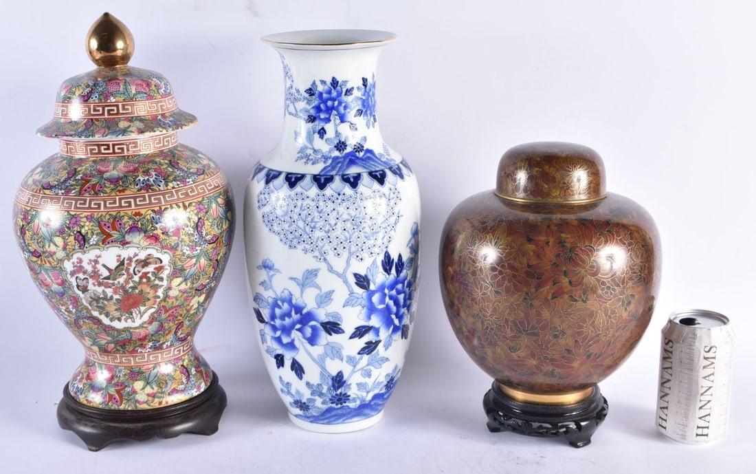 A CHINESE REPUBLICAN PERIOD GINGER JAR AND COVER together with two porcelain vases. Largest 40 cm hi (1 of 4)