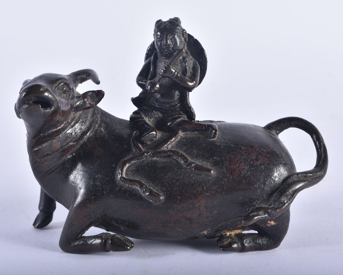 A 17TH CENTURY CHINESE BRONZE BUFFALO FORM WATER DROPPER Ming, modelled with an attendant. 11 cm x 9 (1 of 6)