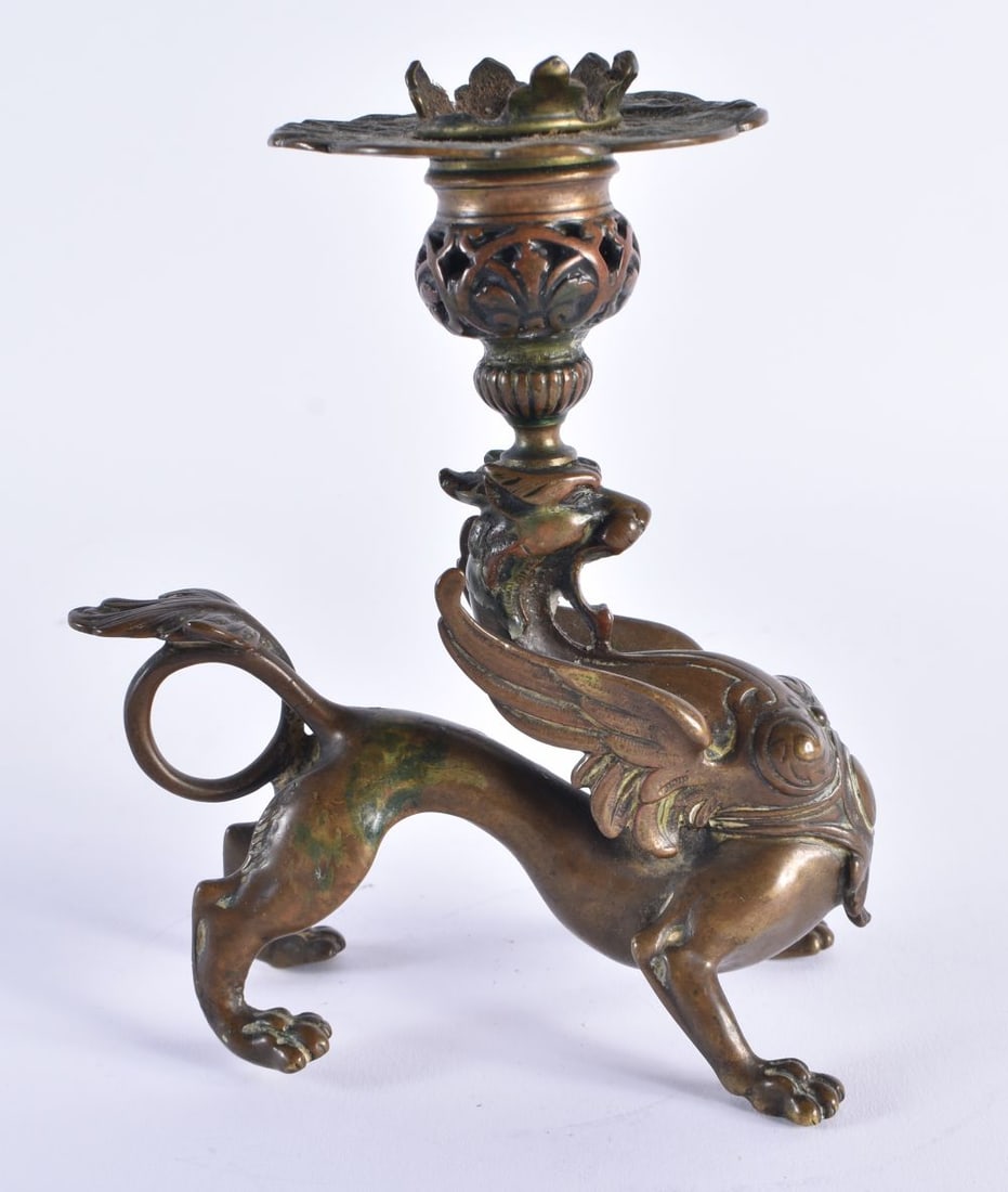 AN UNUSUAL EARLY 19TH CENTURY BRONZE GRIFFIN CHAMBER STICK modelled as a scowling bird. 15 cm x 9 cm (1 of 6)
