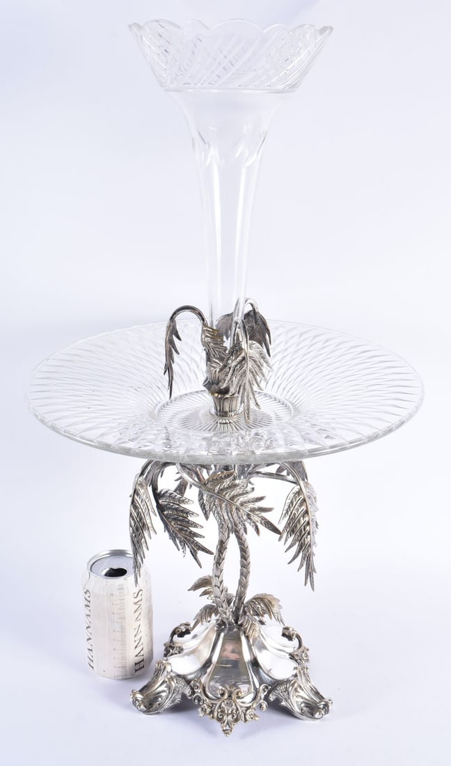 A LARGE VICTORIAN SILVER PLATED CUT GLASS CENTREPIECE formed with bamboo trees and acanthus. 58 cm x (1 of 6)