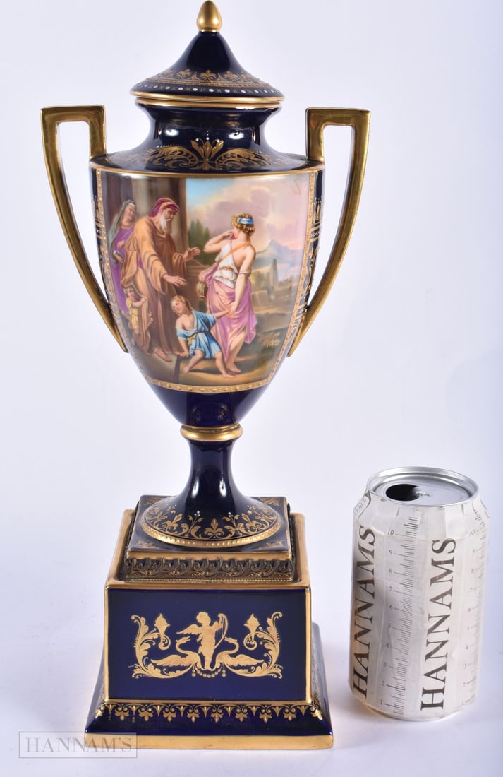 A LARGE EARLY 20TH CENTURY VIENNA TWIN HANDLED VASE AND COVER painted with classical scenes. 35 cm x (1 of 9)