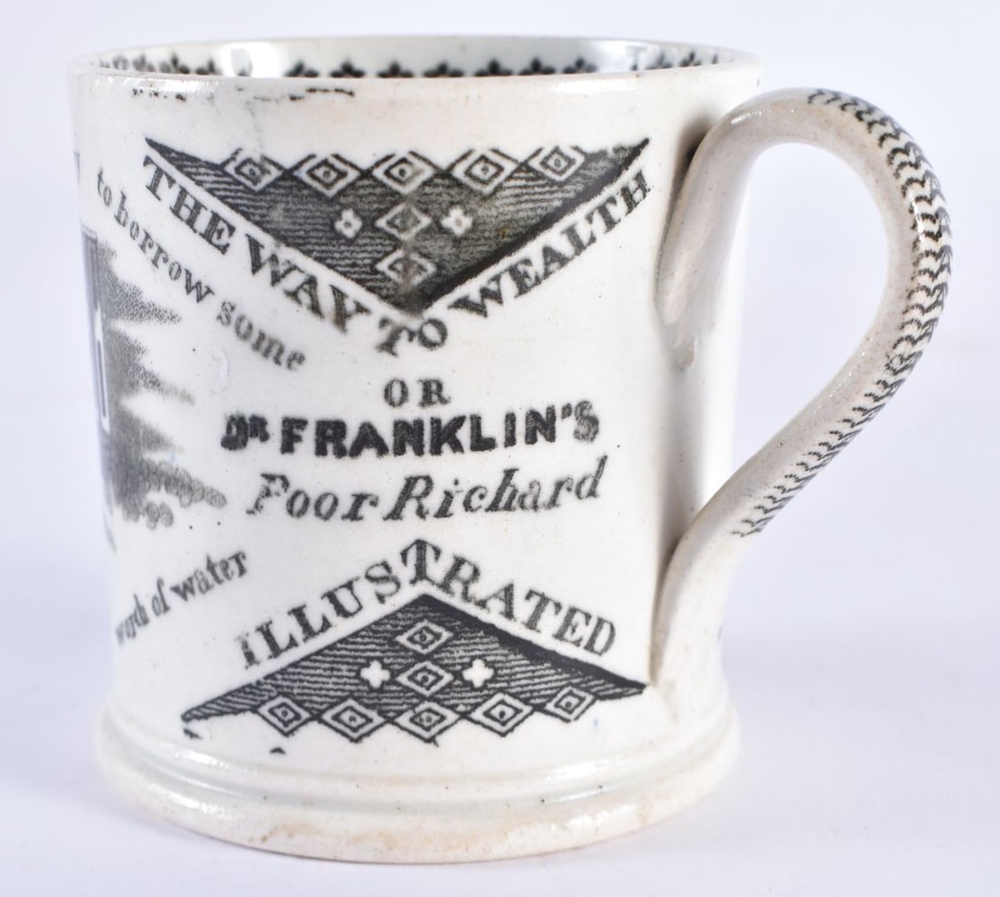 AN UNUSUAL 19TH CENTURY ENGLISH THE WAY TO WEALTH POTTERY MUG. 7 cm high. (1 of 6)