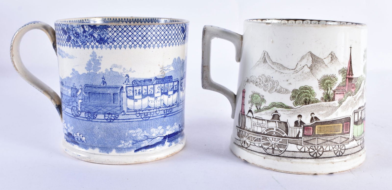 TWO UNUSUAL 19TH CENTURY ENGLISH STEVENSONS ROCKET POTTERY MUGS. 10.5 cm high. (2) (1 of 6)