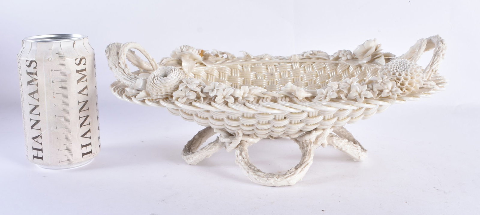 A LARGE ANTIQUE IRISH BELEEK PORCELAIN RETICULATED BASKET. 30 cm x 22 cm.: A LARGE ANTIQUE IRISH BELEEK PORCELAIN RETICULATED BASKET. 30 cm x 22 cm.