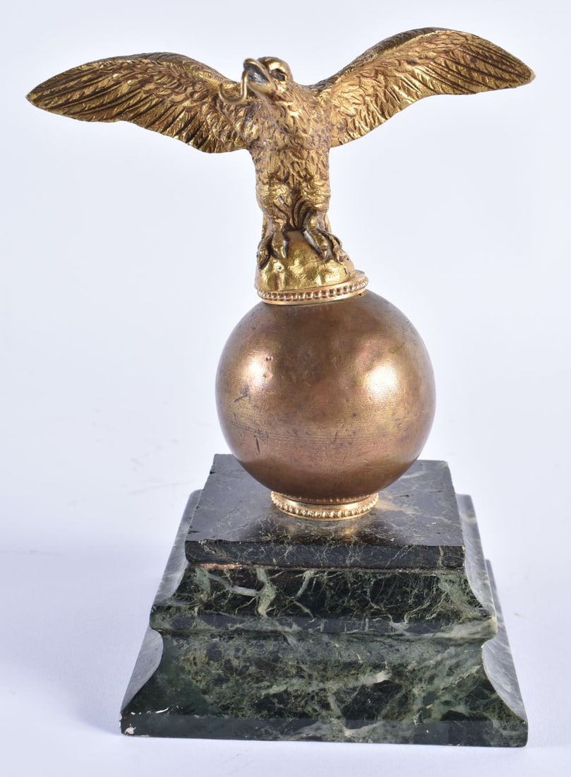 A VICTORIAN BRONZE EAGLE POCKET WATCH HOLDER upon a stepped marble base. 17 cm high. (1 of 5)