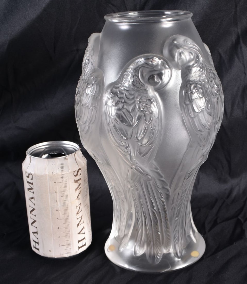 A LARGE LALIQUE GLASS PARROT VASE. 25 cm high. (1 of 6)