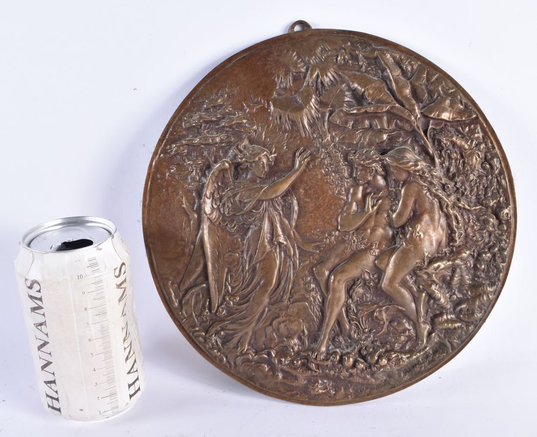AN ANTIQUE BRONZE FRENCH BRONZE REPOUSSE PLAQUE. 23.5 cm diameter. (1 of 5)