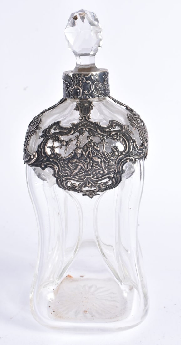 AN ANTIQUE CONTINENTAL SILVER MOUNTED HOUR GLASS DECANTER AND STOPPER. 23 cm high. (1 of 5)
