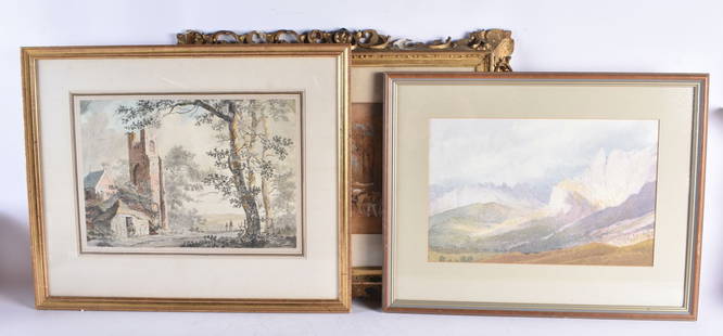 TWO 19TH CENTURY CONTINENTAL WATERCOLOUR PAINTINGS one by Peter De Wint, together with another water: TWO 19TH CENTURY CONTINENTAL WATERCOLOUR PAINTINGS one by Peter De Wint, together with another watercolour. Largest 54 cm x 44 cm. (3)