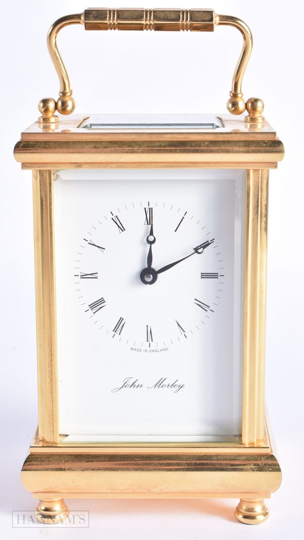 John Morley Brass Carriage Clock. 15 cm high inc handle.: John Morley Brass Carriage Clock. 15 cm high inc handle.