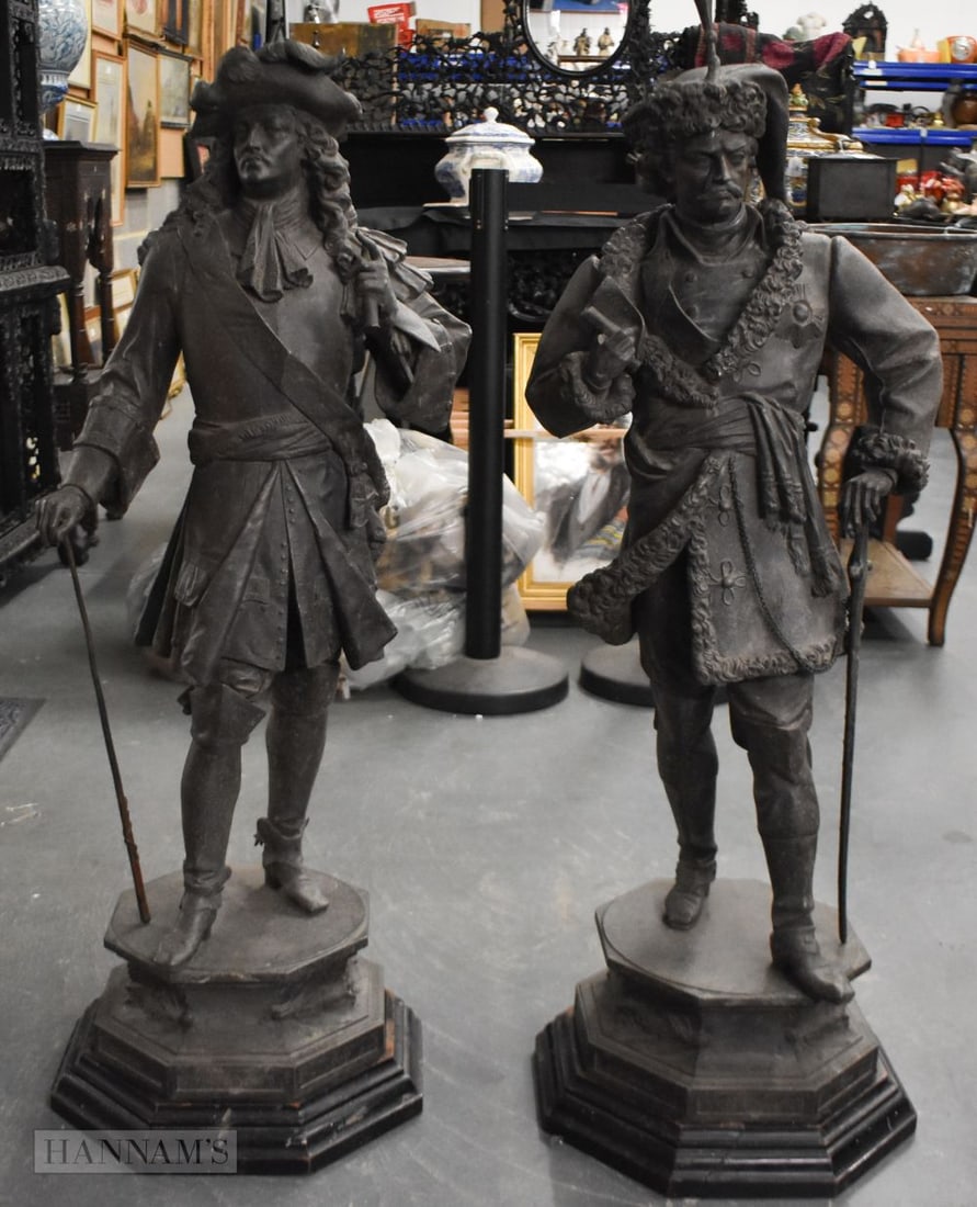 A VERY LARGE PAIR OF 19TH CENTURY FRENCH SPELTER FIGURES OF MALES modelled upon original ebonised wo (1 of 7)