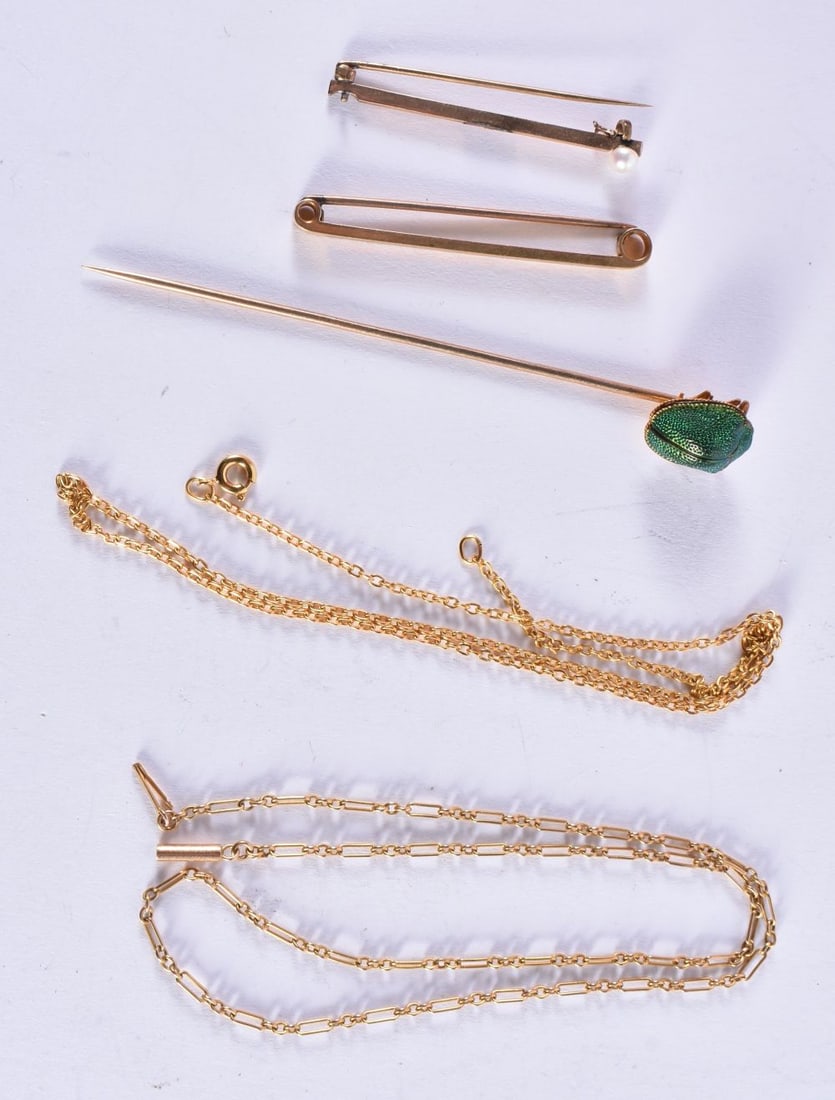 THREE ANTIQUE YELLOW METAL PINS/BROOCHES together with a yellow metal necklace. 14.5 grams. Largest (1 of 6)