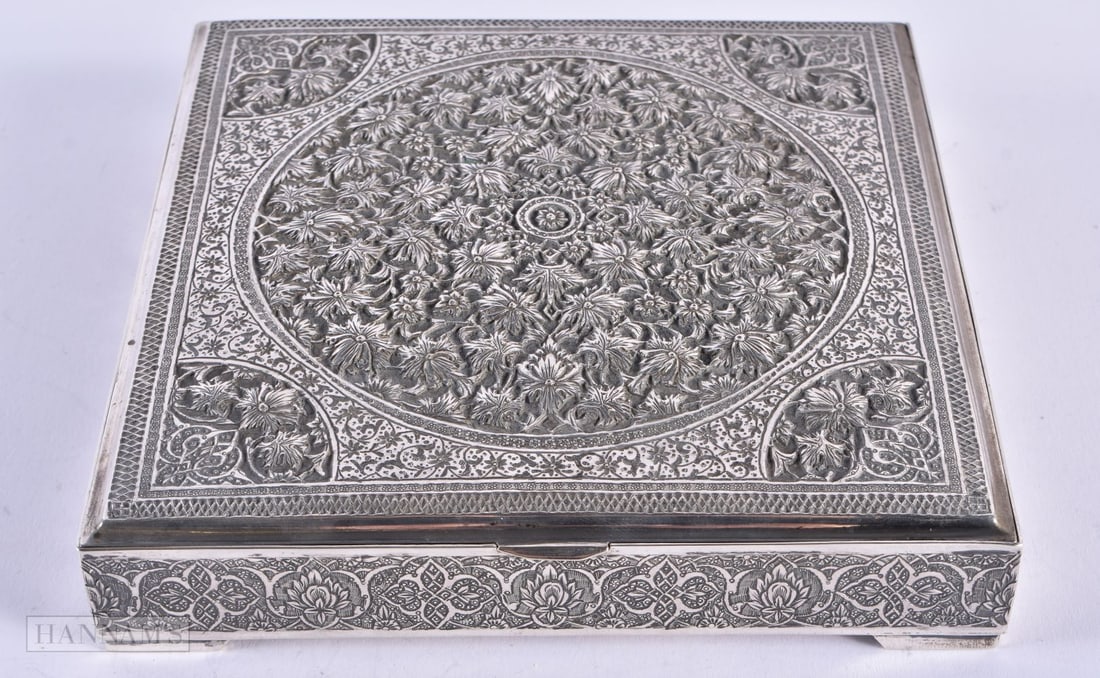 A FINE ISLAMIC PERSIAN SILVER SQUARE FORM BOX decorated with flowers. 578 grams. 15 cm square. (1 of 5)