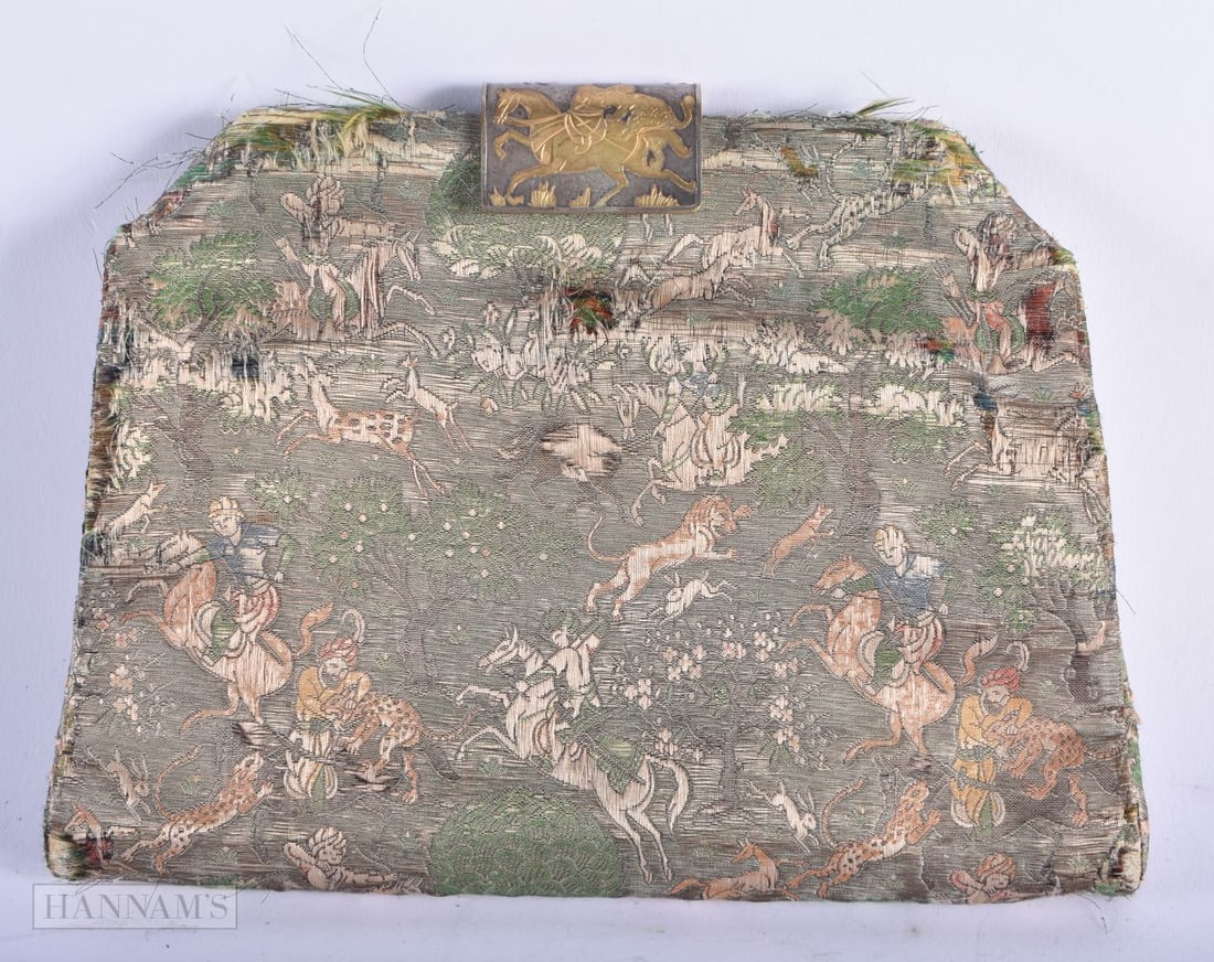 AN ANTIQUE INDIAN OTTOMAN SILVER MOUNTED SILK PURSE. 20 cm x 15 cm. (1 of 3)