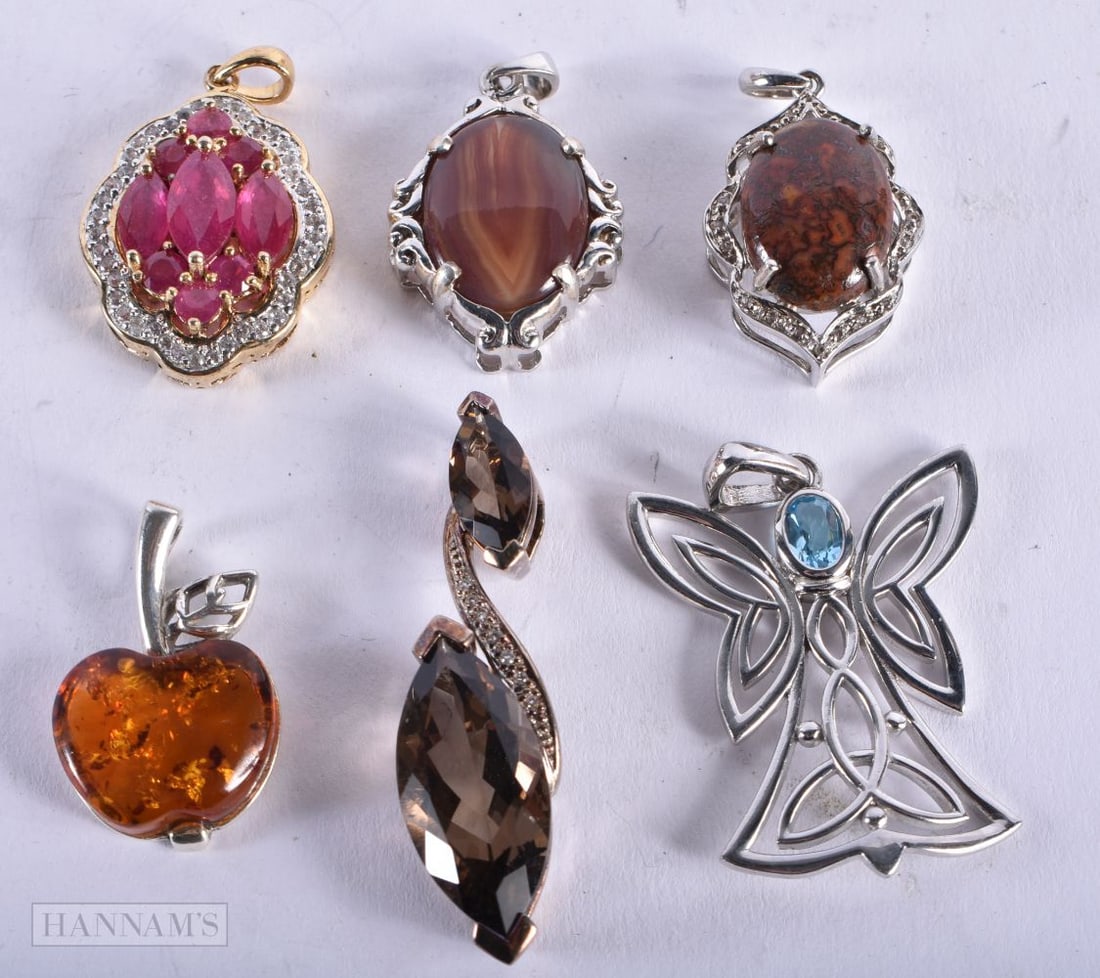 Six Silver and Gem Set Pendants incl Ruby, Amber and Quartz, stamped 925.  Largest 4.4cm x 3cm, tota (1 of 4)