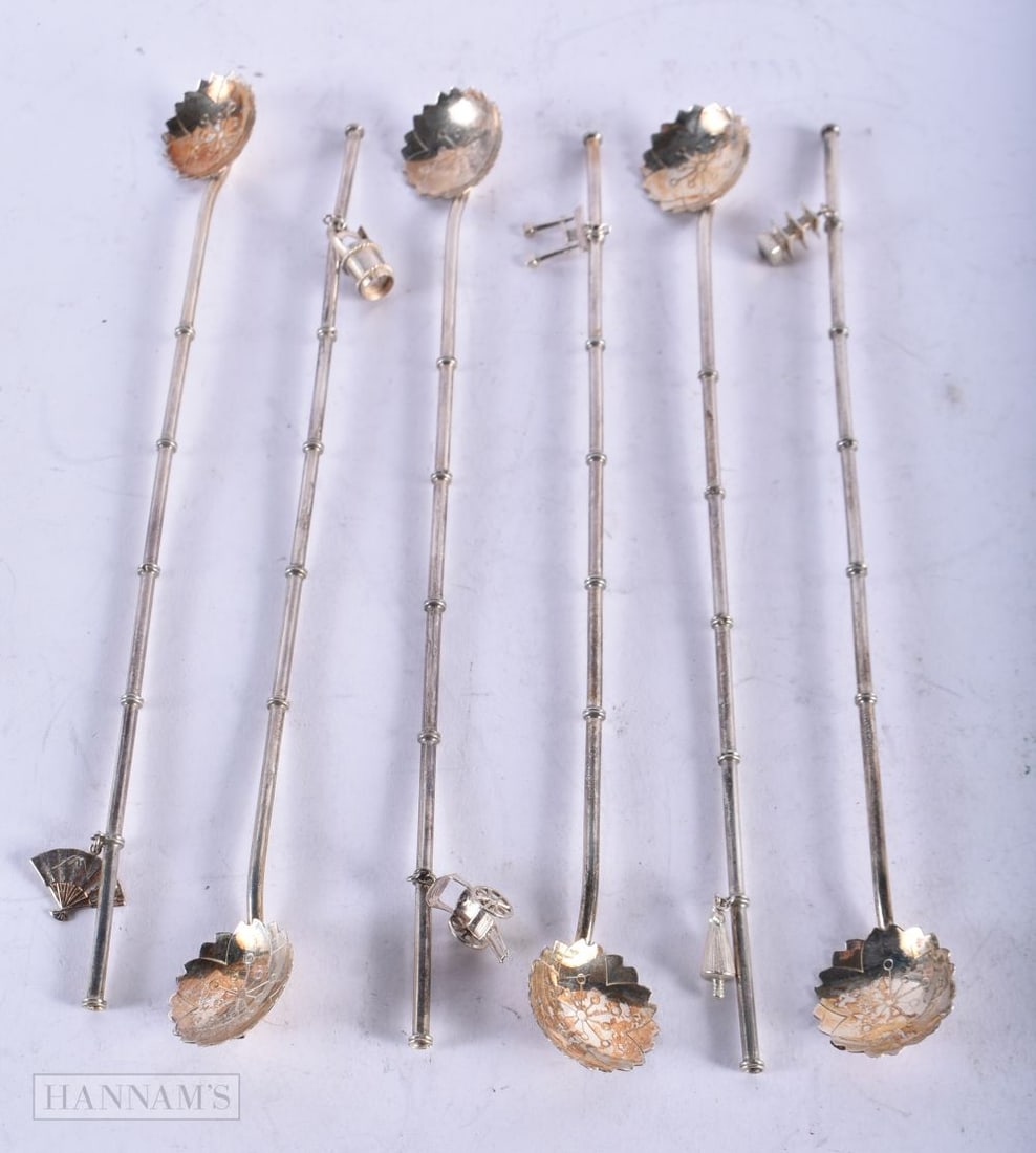 Sterling Silver tall Japanese motif cocktail iced tea sipping straw spoons with identification charm (1 of 3)