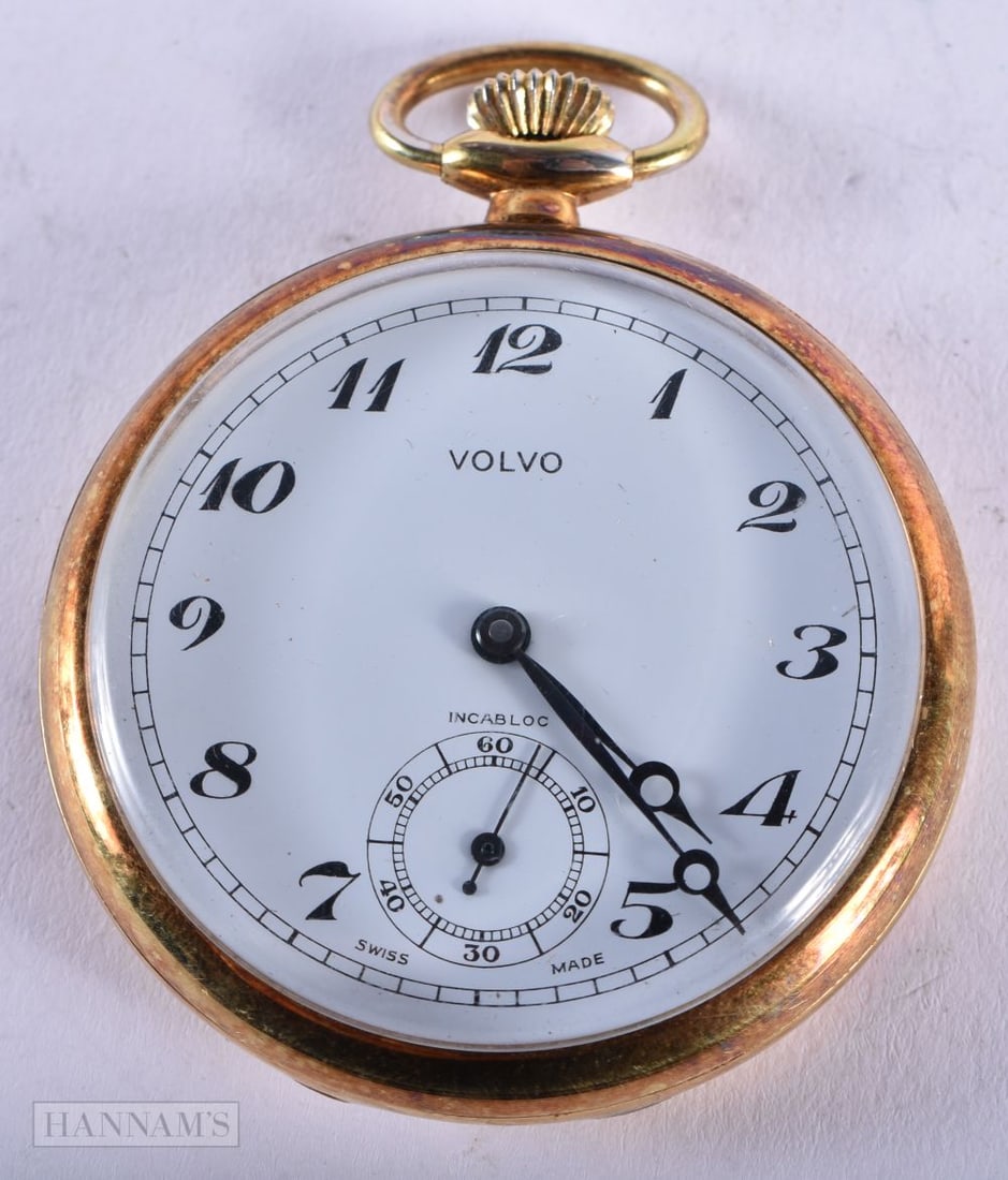 Vintage Volvo Gold Plated Open Face Pocket Watch.? Movement - Hand-Wind.? ?WORKING ? Running.? Dimen: Vintage Volvo Gold Plated Open Face Pocket Watch.? Movement - Hand-Wind.? ?WORKING ? Running.? Dimensions - 52mm x 44mm