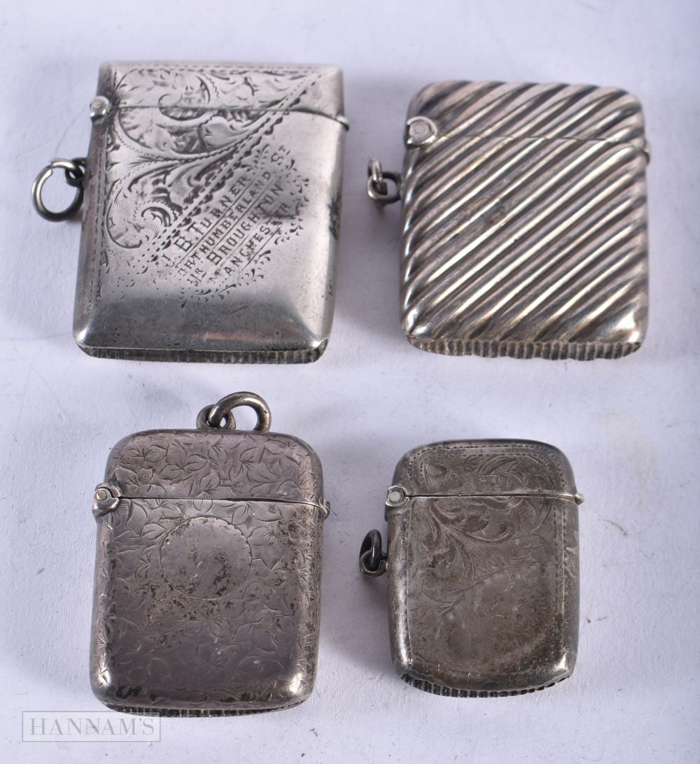 Four Hallmarked Silver Vesta Cases.  Largest 5cm x 3.8cm x 1cm, total weight 86.7g (4) (1 of 3)