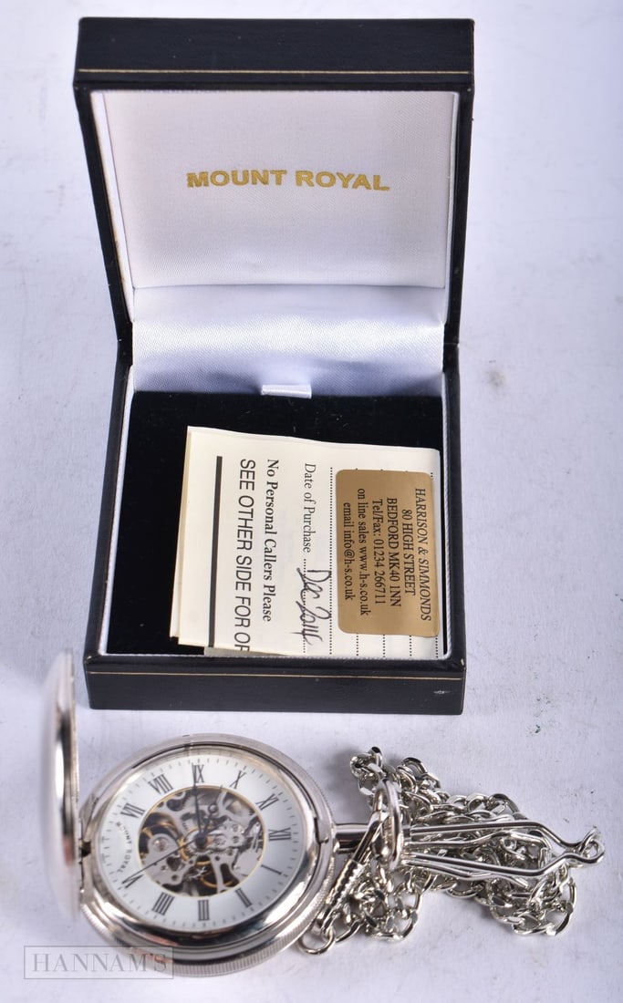 Mount Royal Half Hunter Skeleton Pocket Watch and chain in original box with papers.? ?Movement - Ha (1 of 3)