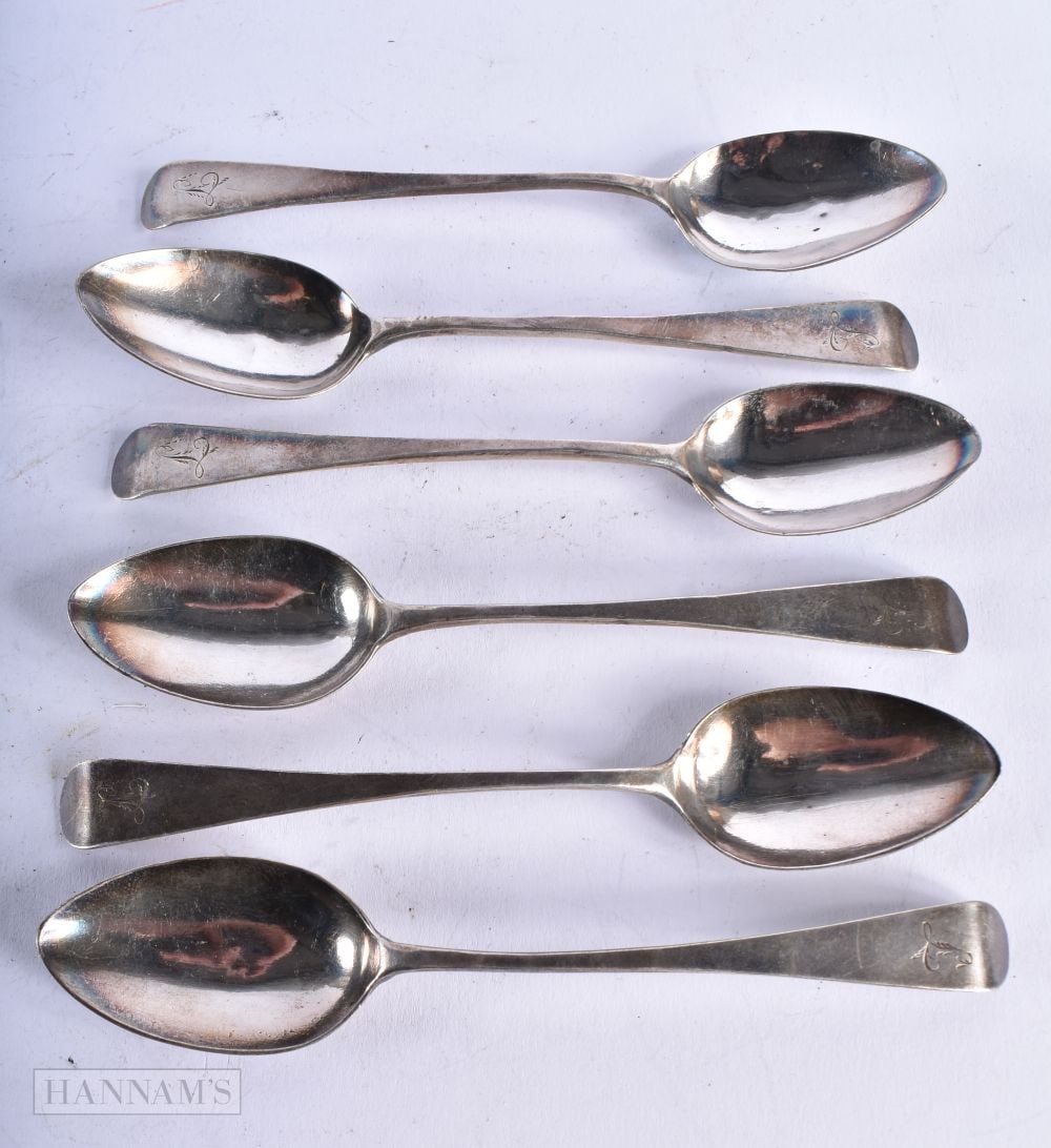 SIX GEORGE III SILVER SPOONS. 82 grams. 13.25 cm long. (6) (1 of 3)