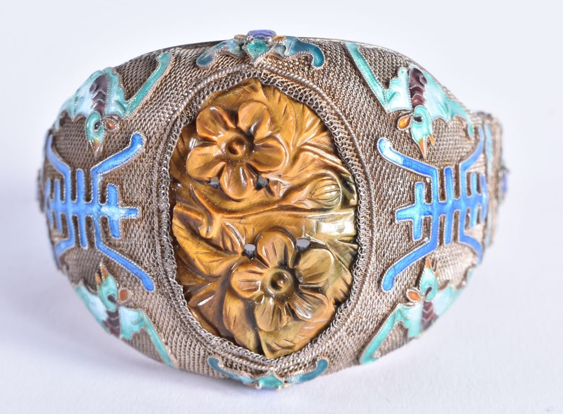 A LATE 19TH CENTURY CHINESE SILVER ENAMEL AND TIGERS EYE BANGLE. 48.6 grams. 5.5 cm wide. (1 of 3)