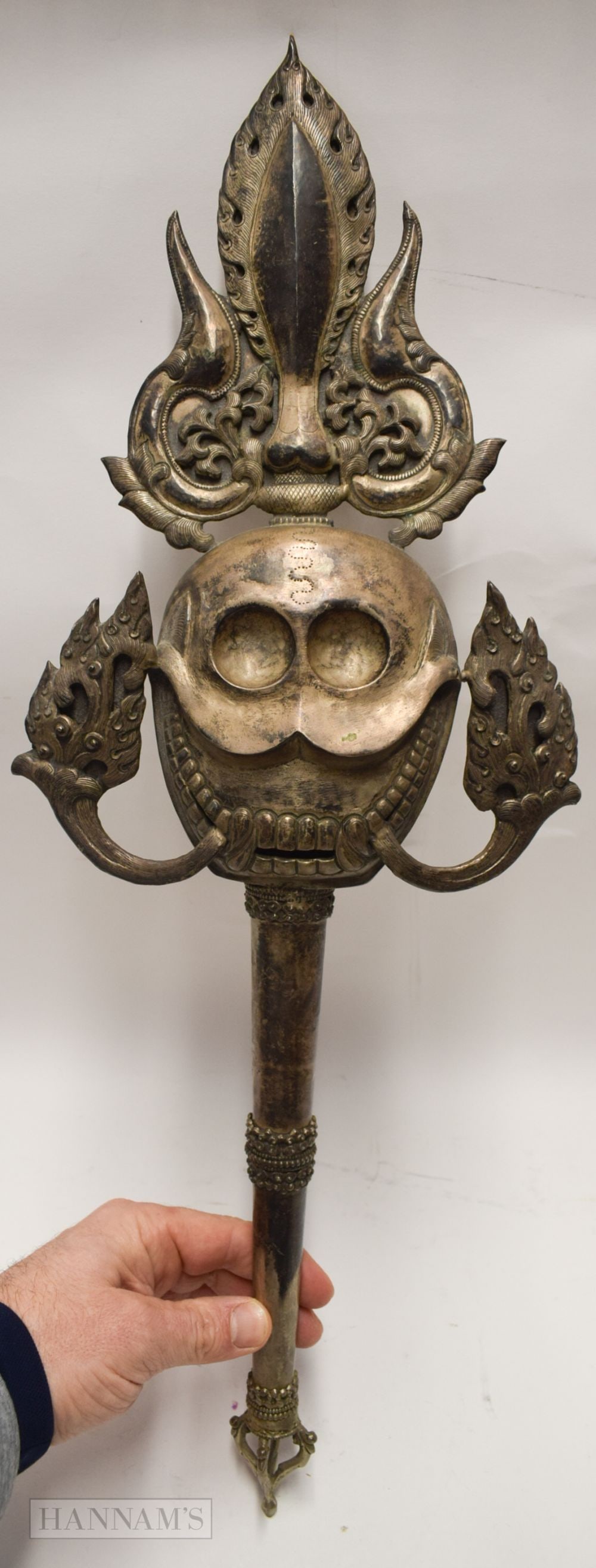 A LARGE 18TH/19TH CENTURY TIBETAN SILVER BUDDHIST RITUTIAL SKULL. 59 cm x 21 cm. (1 of 7)