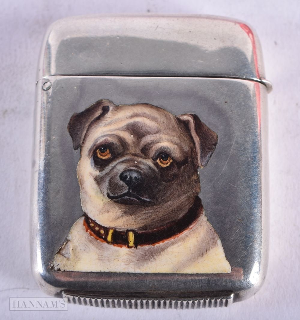 A Victorian Silver Vesta Hallmarked London 1884 with an Enamel Cabuchon of a Pug Dog.  5cm x 3.8cm x (1 of 4)