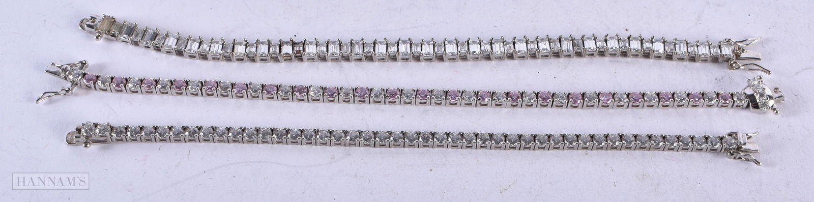 Three Silver and Gem Set Tennis Bracelets.  Stamped 925.  Longest 19cm, total weight 46.3g (3) (1 of 5)