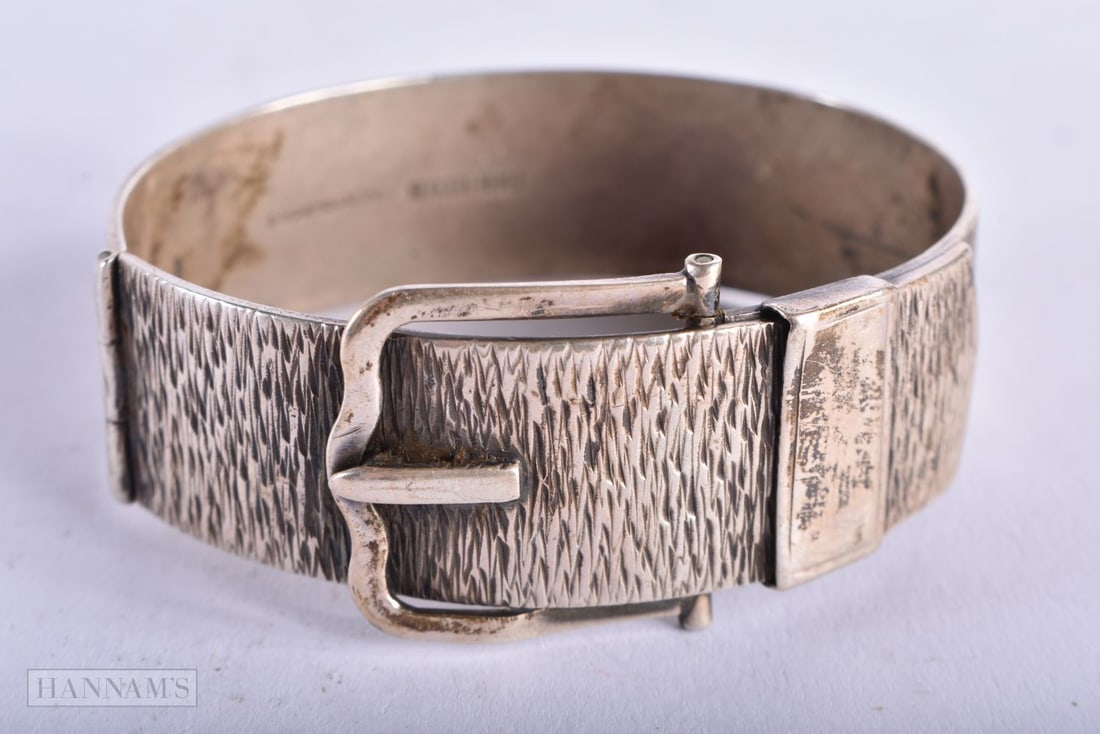 Mid Century Silver Buckle Bangle by Bracelon Ltd  with Textured Band.  Hallmarked Birmingham 1970. (1 of 3)