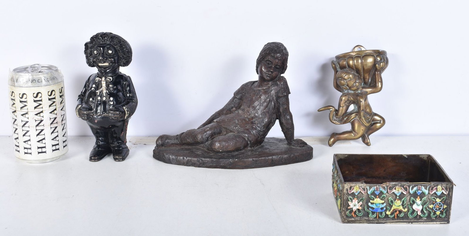 A vintage cold painted money box together with a small brass font, metal figure of a girl etc 15cm (1 of 8)