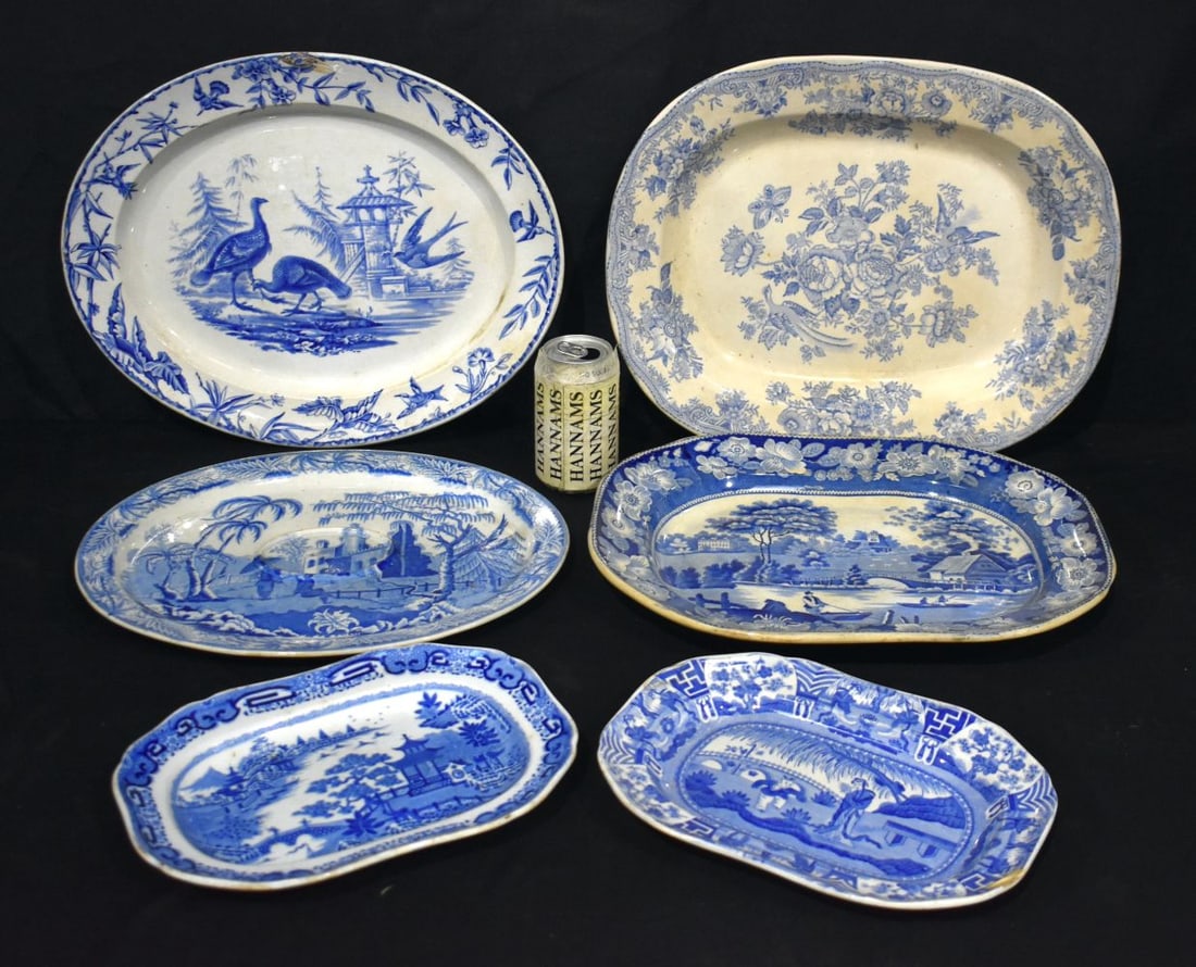 A collection of antique blue and white meat platters together with two smaller dishes.40 x 32cm (1 of 5)