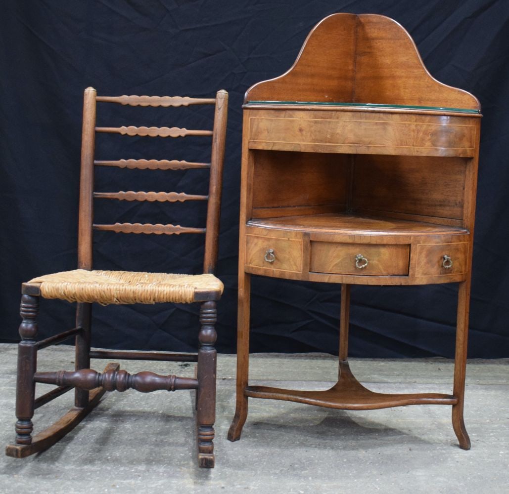 An antique ladder back rocking chair with rush seat together with a mahogany and burrwood glass top (1 of 5)