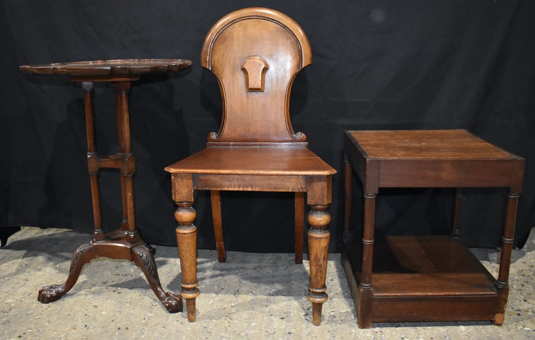 A small 19th Century walnut pie crust top side table together with a a walnut hall chair and a two t (1 of 8)