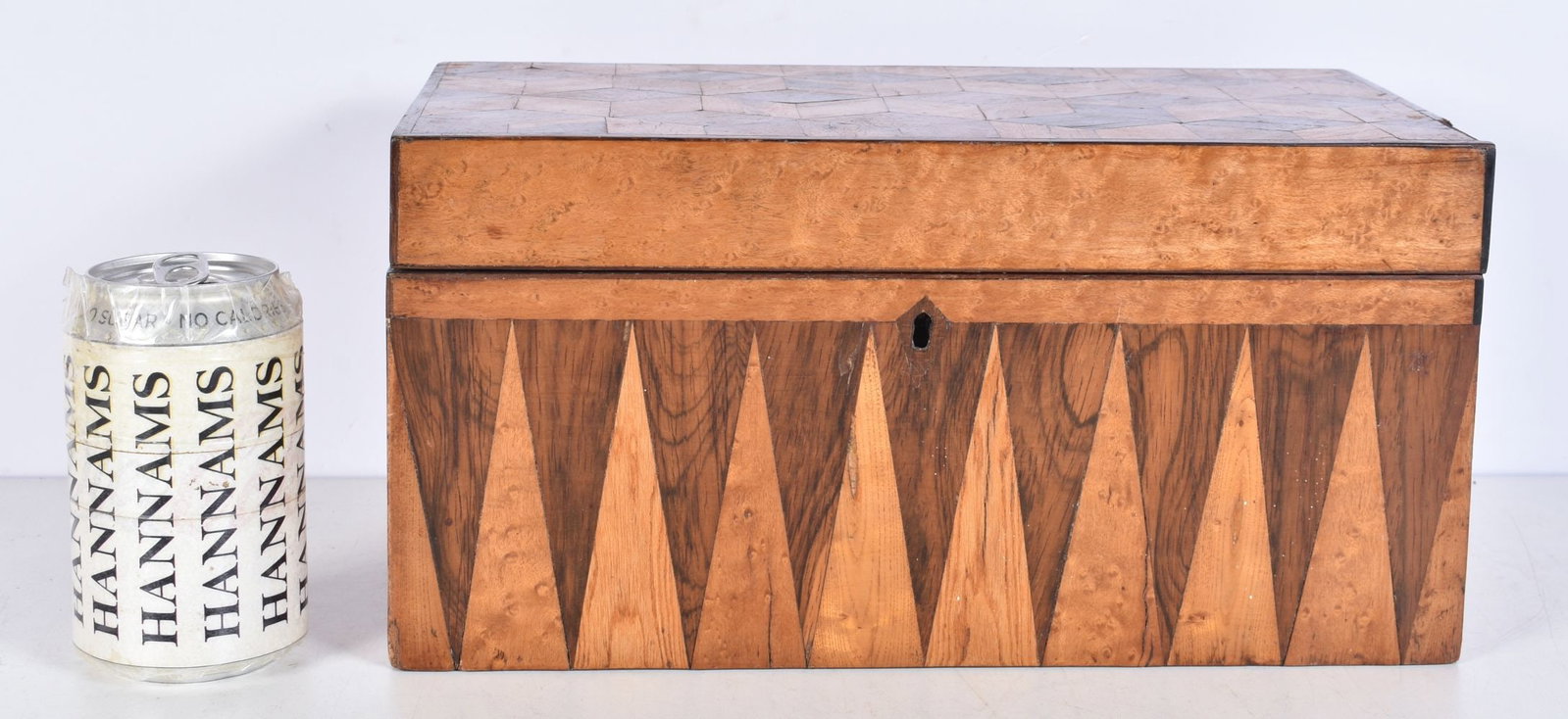 A late 19th Century wooden inlaid tea Caddy 15.5 x 31 x 17cm.: A late 19th Century wooden inlaid tea Caddy 15.5 x 31 x 17cm.