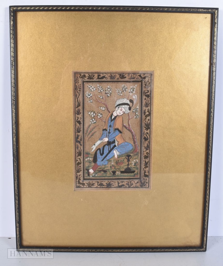 A framed Indian Mughal painting on fabric 19 x 12cm: A framed Indian Mughal painting on fabric 19 x 12cm