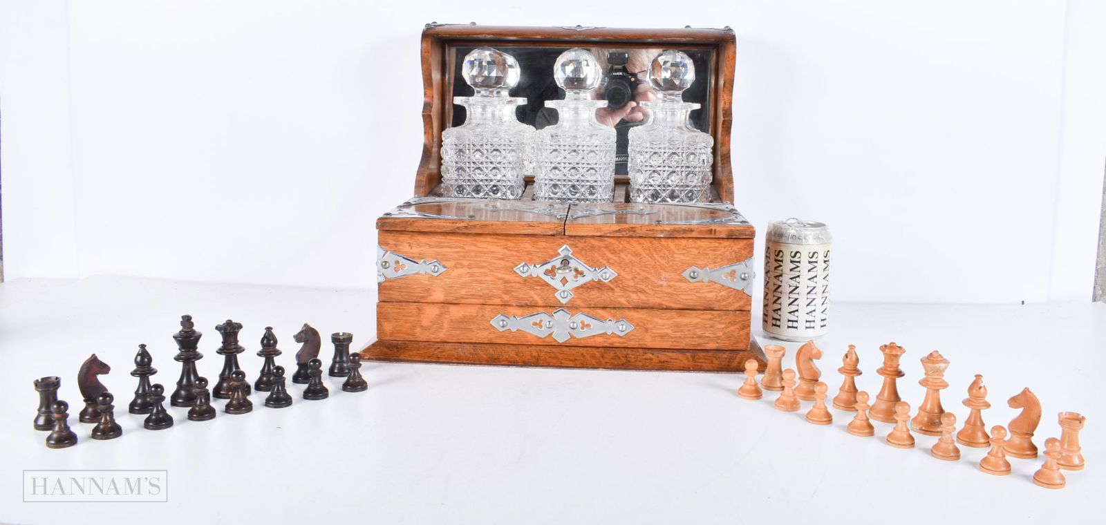 A Victorian triple decanter Tantalus in an oak case and silver plate embellishments 32 x 38cm (1 of 5)