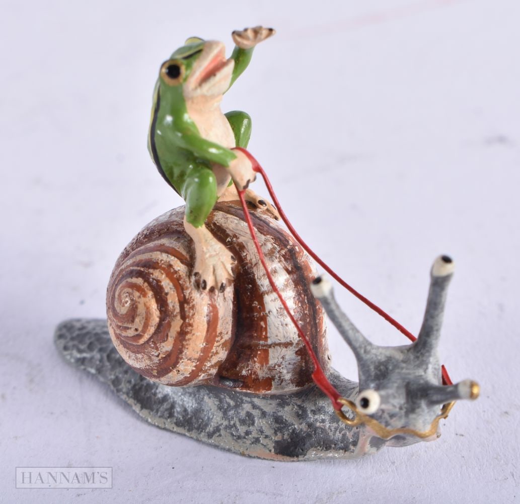 A Cold Painted Bronze Figure of a Frog riding a Snail. 4.7cm x 3.5cm x 2cm (1 of 4)