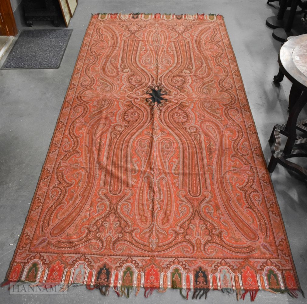 A VERY LARGE PAISLEY EMBROIDERED SHAWL HANGING OR BED SPREAD. 340 cm x 180 cm approximately. (1 of 9)