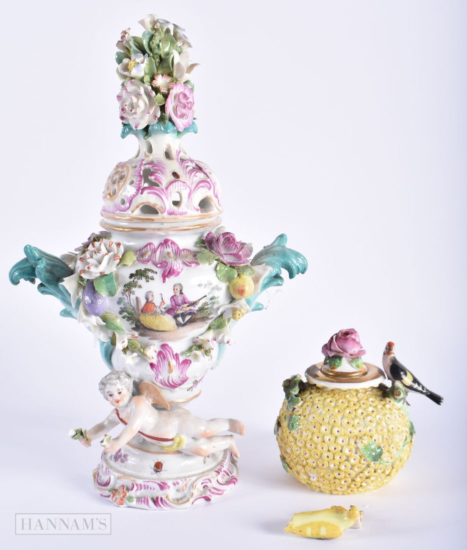 AN 18TH/19TH CENTURY GERMAN MEISSEN STYLE POT POURRI AND COVER together with a smaller schneeballen (1 of 11)