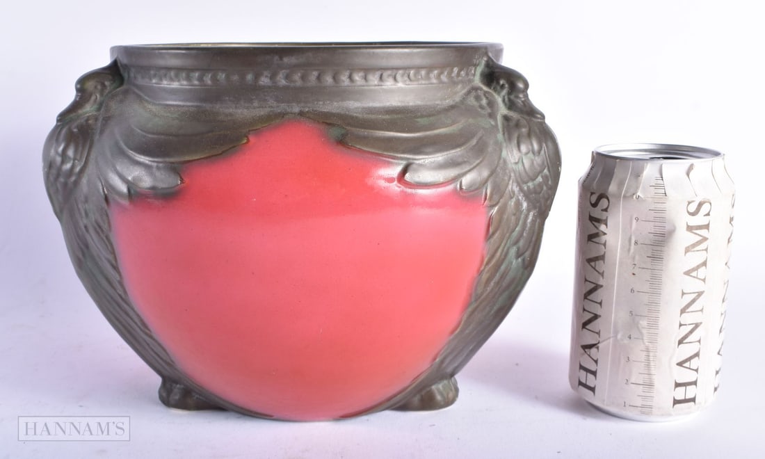 AN UNUSUAL ART NOUVEAU FOLEY FAIENCE POTTERY JARDINIERE overlaid with bronzed birds. 21 cm x 16 cm. (1 of 6)