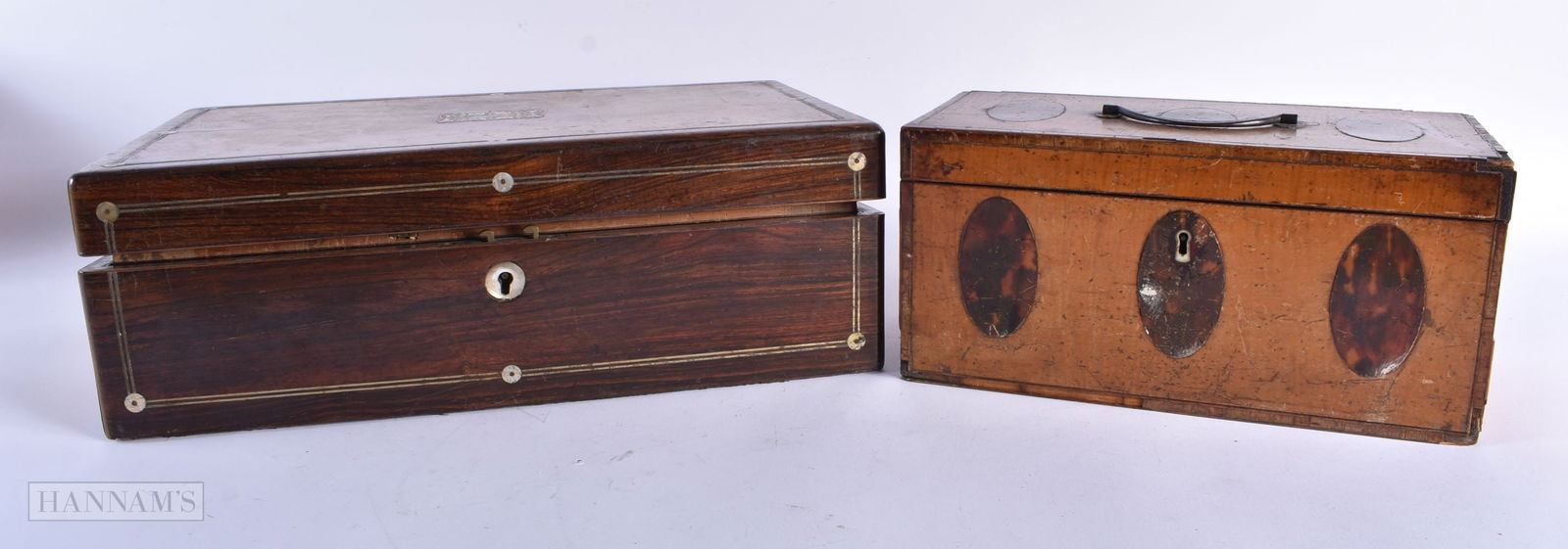 AN EARLY 19TH CENTURY TORTOISESHELL INSET CARVED WOOD TEA CADDY together with a Victorian work box. (1 of 7)