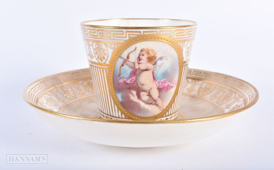 Late 19th century Mintons coffee cup and saucer, made for Matlocks, Oxford Street painted with a Wat (1 of 6)
