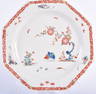 18th century Bow octagonal plate painted with the Two Quail in kakiemon palette c. 1756-60. 22cm dia