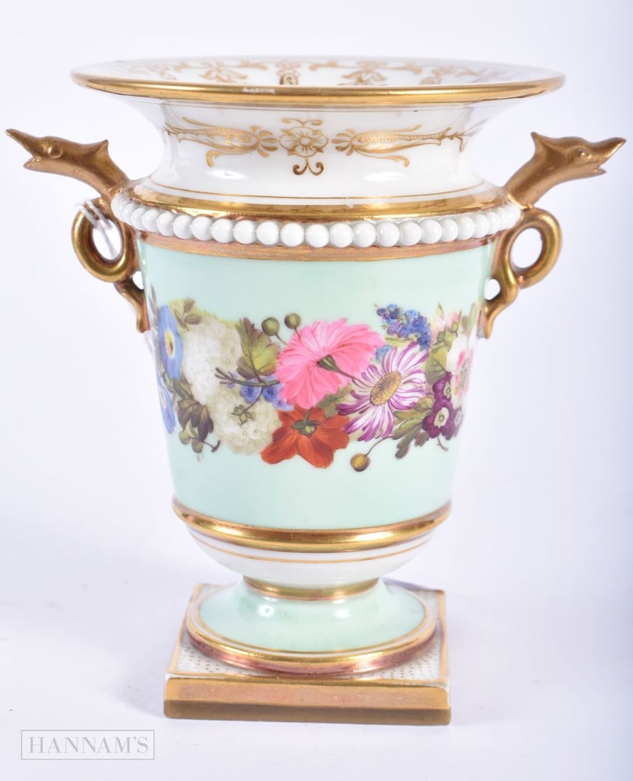 Early 19th century Flight Barr and Barr two handled vase with serpent heads painted with flowers und (1 of 4)