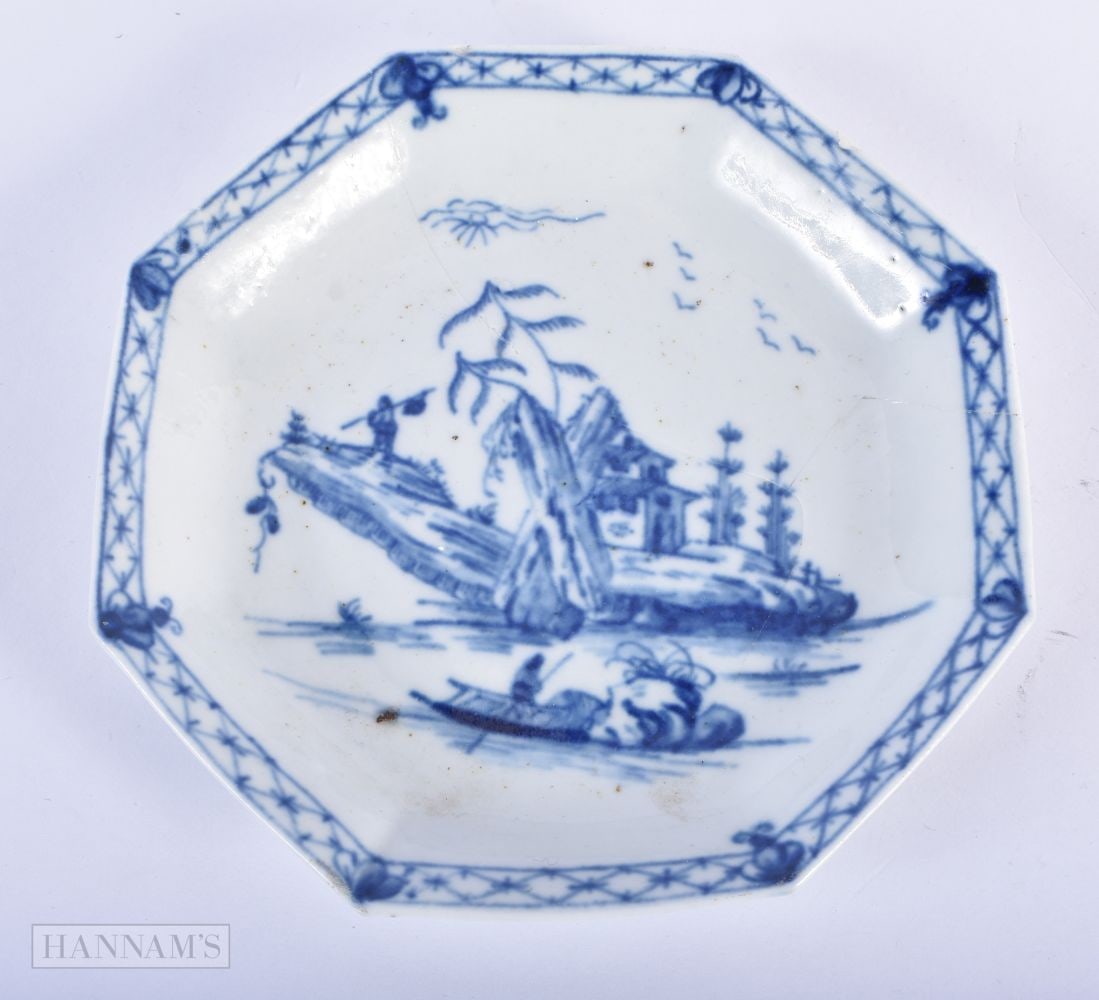 18th century Worcester rare hexagonal saucer painted with the Romantic Rock pattern. 11.5 cm diamete: 18th century Worcester rare hexagonal saucer painted with the Romantic Rock pattern. 11.5 cm diameter