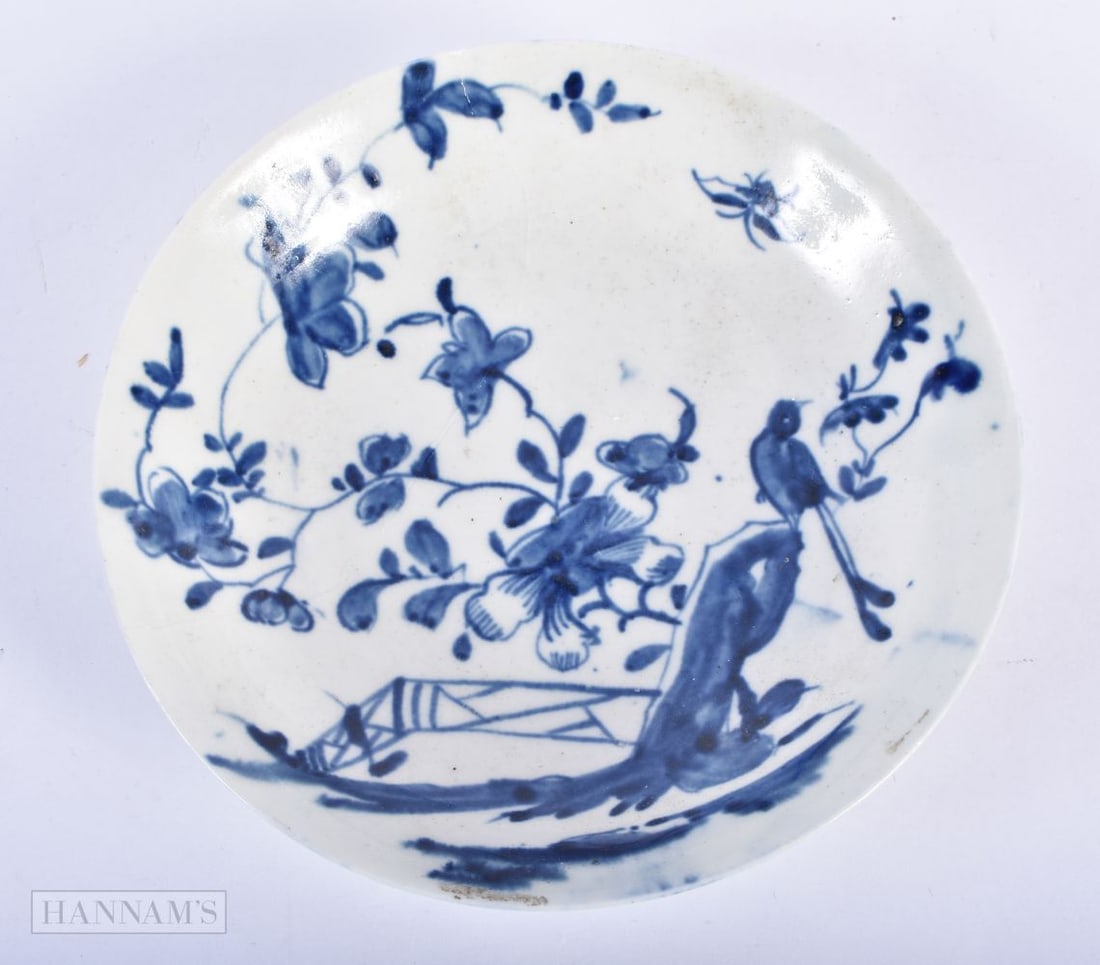 18th century Worcester scarce full size saucer painted with the Rock Warbler pattern, this pattern i (1 of 2)