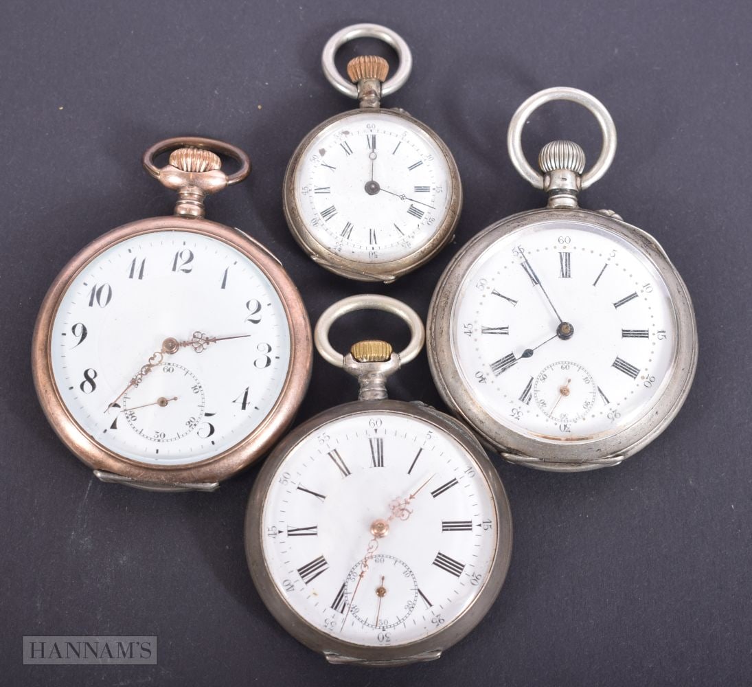 FOUR ANTIQUE SILVER POCKET WATCHES. 237 grams. 2 running. 5 cm diameter. (4) (1 of 6)